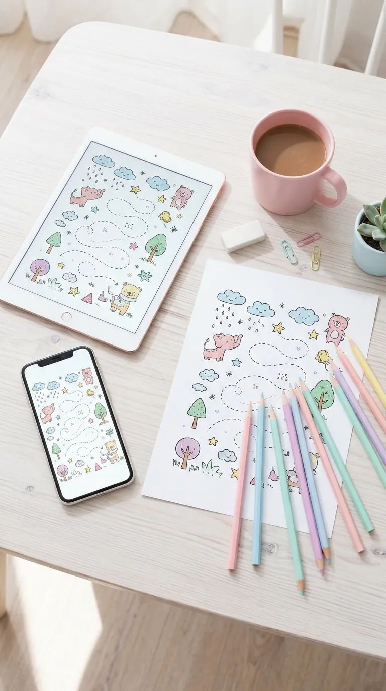 Atividade infantil aberta num tablet, num celular e impressa em papel, com lápis de cor pastel
