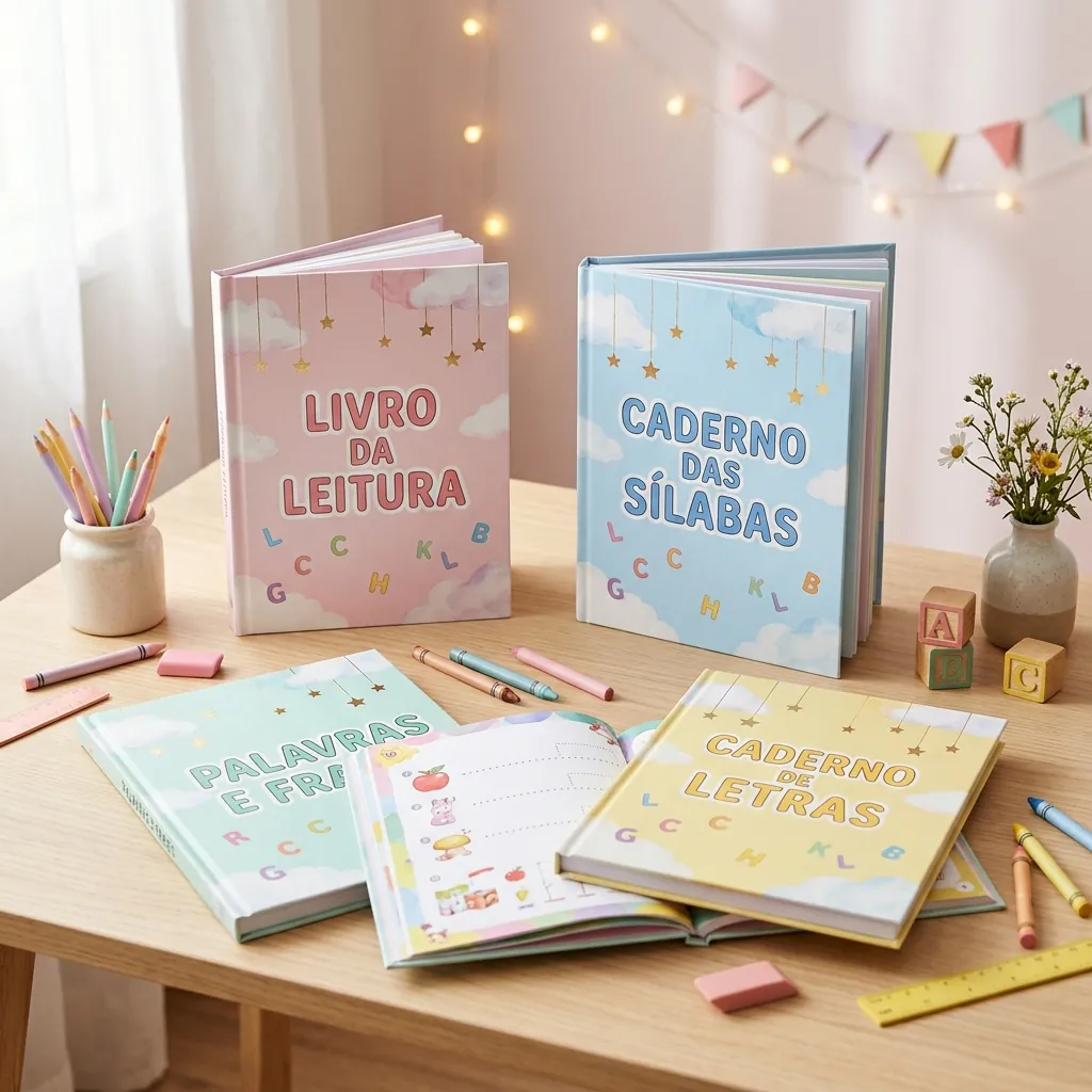 Os 4 cadernos do kit: Livro da Leitura, Caderno das Sílabas, Caderno de Letras e Palavras e Frases