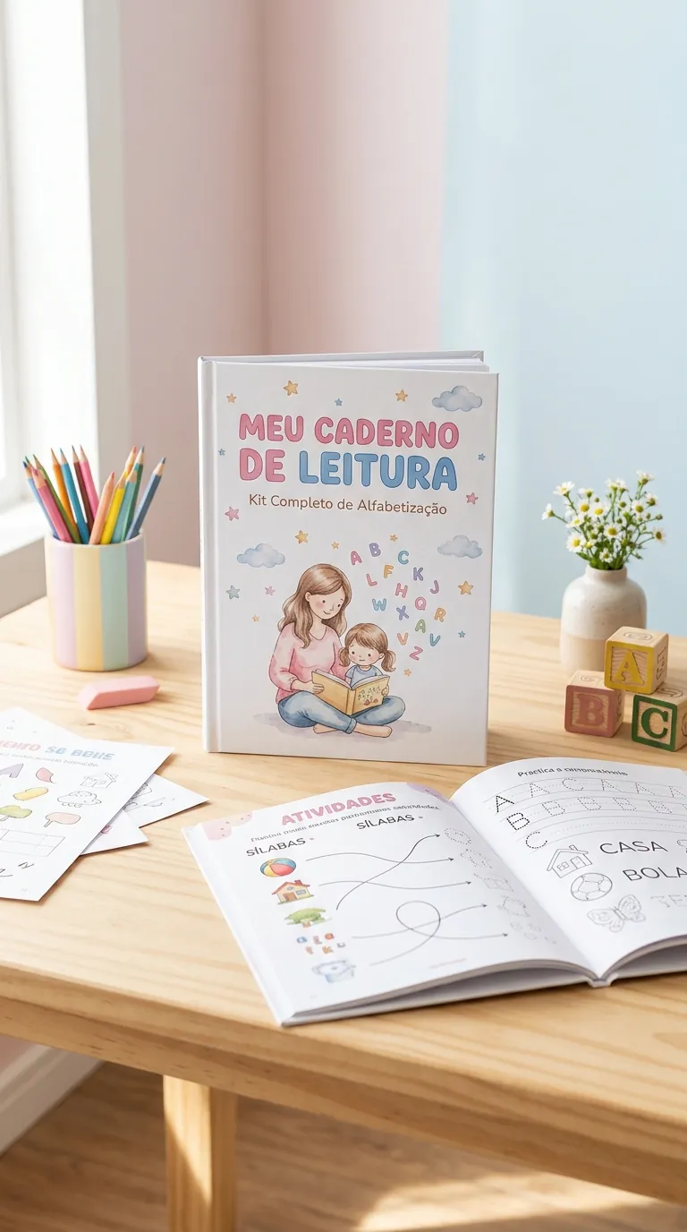 Caderno Meu Caderno de Leitura sobre uma mesa, com lápis de cor, blocos de letras e um caderno de atividades aberto
